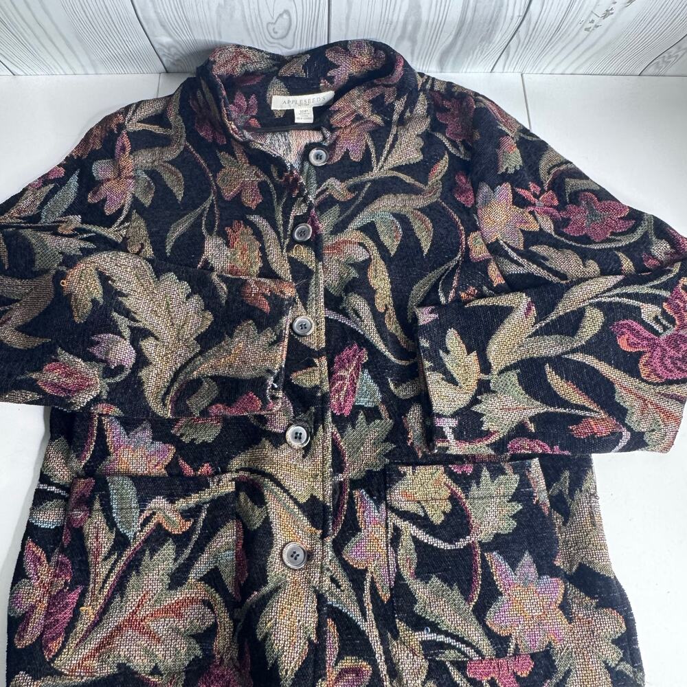 Vintage Appleseeds Womens 10 Floral Woven Tapestry Button Front Jacket Boho